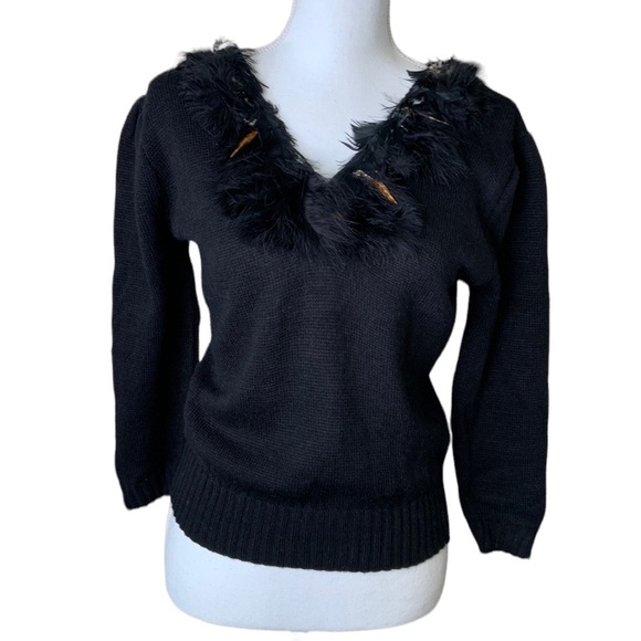 Vintage Sweaters - Chris Ann Vintage Black Feather V-Neck Sweater Size Small